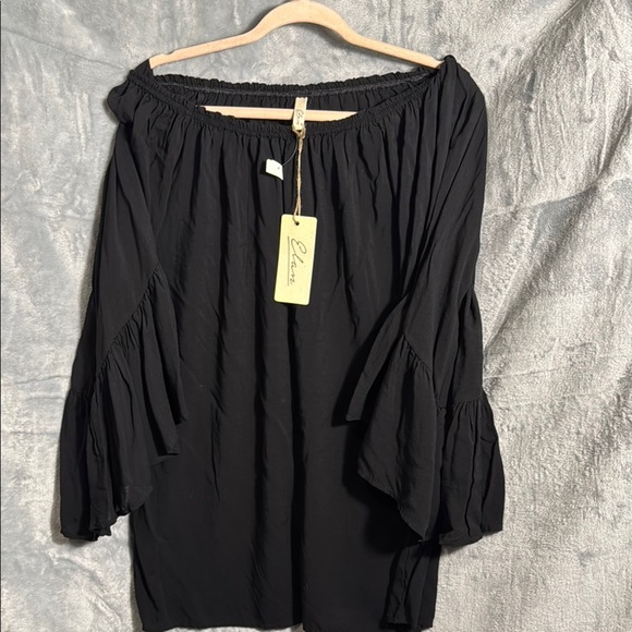 NWT Chic Black Off-Shoulder Top size large X-Large women boho pleated‎ sleeves - Picture 1 of 13